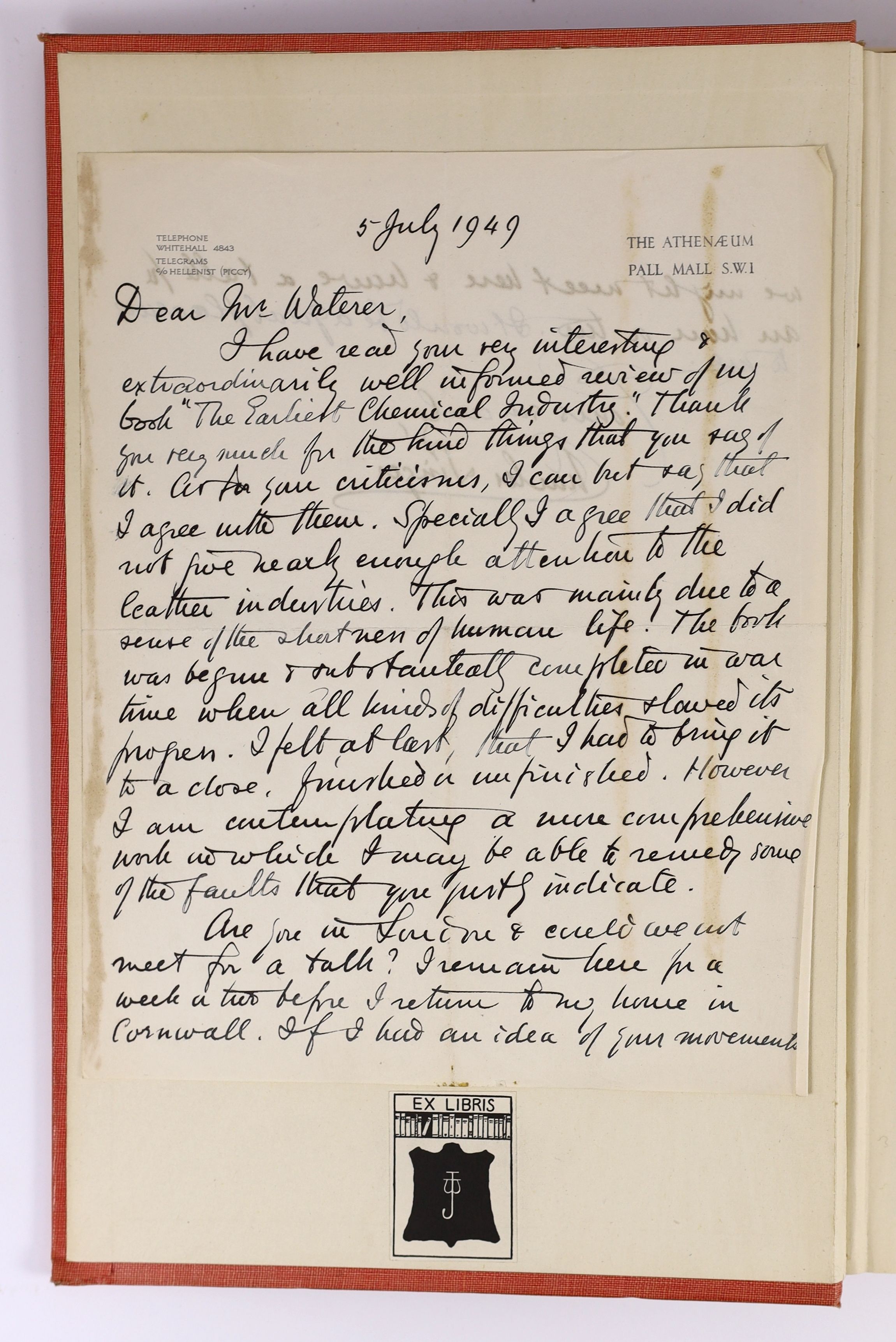 Singer, Charles Joseph - The Earliest Chemical Industries, one of 1000 copies, illustrated by Stephen Gooden, folio, red cloth, with tipped in a/l from the author to John Waterer, 4to, 2pp, from The Athenaeum, dated 5th